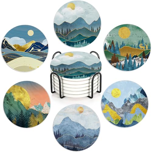 6 Pcs Coasters for Drinks with Holder, Abstract Mountain Sun Absorbent Ceramic Coasters with Cork Base,Cute Funny Table Drinks Coasters Tabletop Protection Mat,Table Home Decor,4 Inches - color: Abstract Mountain Sun