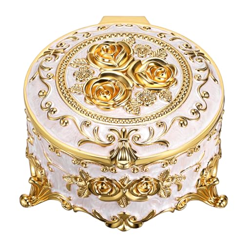 Hipiwe Metal Jewelry Box Antique Trinket Organizer for Women Keepsake Box | Round Treasure Chest Ring Box Case Jewelry Storage Box for Earring Necklace Ring Holder, 5.7" x 5.1" x 3.5" - color: Beige, size: Medium