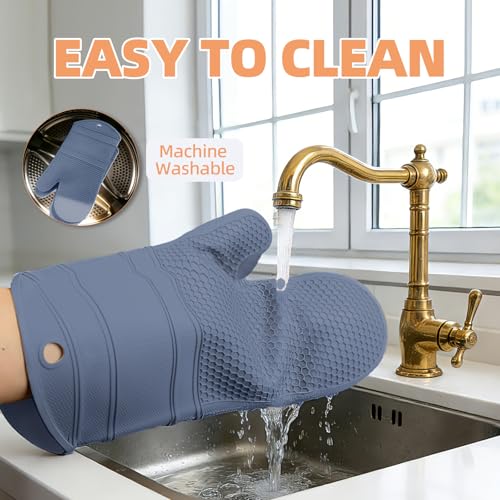 YUTAT Silicone Oven Mitts,Heat Resistant Oven Gloves with Soft Polyester Filling,Perfect for BBQ, Baking and Cooking,Blue,2 Pcs Set - color: Blue-honeycomb Surface, size: 13“L x 7"W-2 Piece