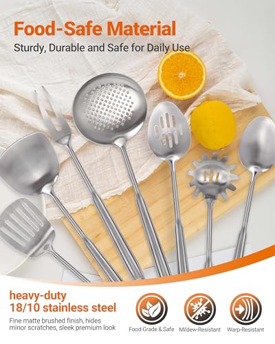 304 Stainless Steel Kitchen Utensils Set - 15PCS Long Metal Cooking Utensil Serving Utensils Set, Masher, Whisk, Turner, Serving Spoon, Fork, Tongs, Skimmer, Ladle, etc (Dishwasher Safe)
