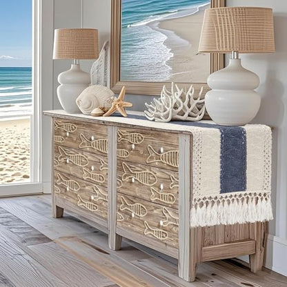 Table Runner 72 Inches Long, Blue and White Table Runner - Farmhouse Coastal Boho Macrame Dresser Runners for Bedroom, Dining & Coffee Table with Tassels - color: Blue, size: 72 inches