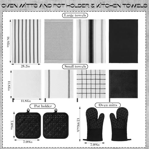 LemonRoad 12 Pcs Oven Mitts Kitchen Towels Dishcloths with Pot Holders Sets Dish Towels Sets Oven Gloves Heat-Resistant Pot Pads with Silicone for Kitchen Cooking Baking(Black) - color: Black