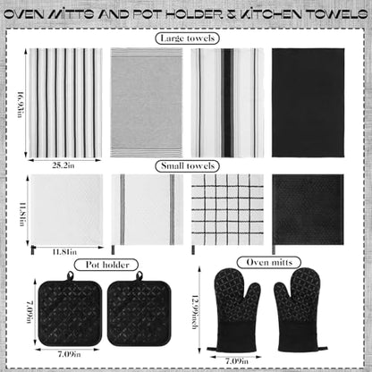 LemonRoad 12 Pcs Oven Mitts Kitchen Towels Dishcloths with Pot Holders Sets Dish Towels Sets Oven Gloves Heat-Resistant Pot Pads with Silicone for Kitchen Cooking Baking(Black) - color: Black