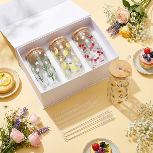 Cute Glass Cup Set of 4, 16 oz Iced Coffee Cups with Bamboo Lids Straws and Brush, Cherry Lemon Cactus Sunflower Floral Design, Gift for Women Girls Friend Bridesmaid Birthday Wedding