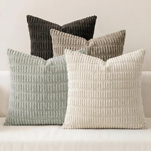 Pack of 4 Corduroy Decorative Throw Pillow Covers 20x20 Inch, Grey/Brown | Soft Striped Farmhouse Boho Modern Home Decor Throw Pillow Covers for Couch Sofa Bedroom Living Room - color: Grey/Brown, size: 20" x 20" (Pack of 4)