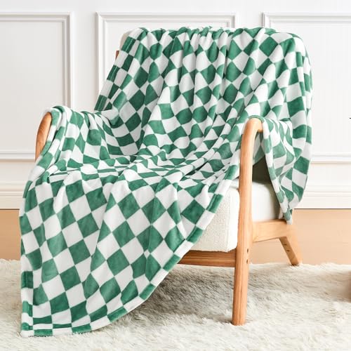 Edenleaf Green Checkered Fleece Throw Blanket for Couch Warm Home Decor | Ultra Soft Cozy Fuzzy Blanket for Bed Sofa, Fluffy Lightweight Throw for Travel, Holiday Gifts, All Seasons, Jade 50"x60" - color: 01 Jade Green, size: Throw-50"x60"