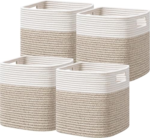 UBBCARE Set of 4 Storage Basket-12 X 12 X 12 in, Cotton Rope Basket for Shelves, Toys, Book, Cube Storage Bins with Handles, Woven Storage Basket for Organizing, White Brown - color: White/Brown, size: 4Pack-12 X 12 X 12 Inch
