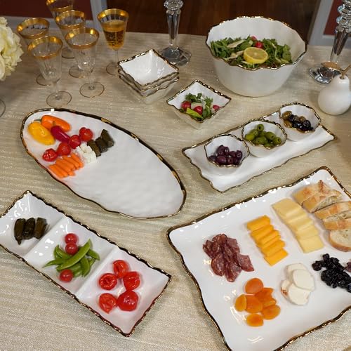 Regency Gold 19.5-Inch Porcelain Oval Fish Platter with Scalloped Edges & Metallic Gold Rim, Elegant Serving Platter for Fish, Appetizers & Side Dishes, Ideal for Entertaining, Everyday