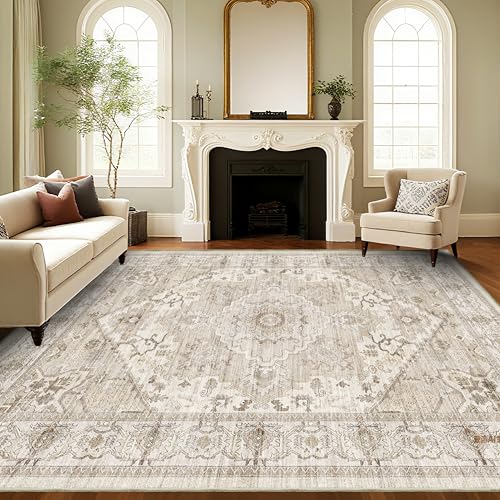 AooHHooA Washable Area Rug 8x10 Soft Stain Resistant Boho Vintage Rugs with Non Slip Backing, Low Pile Lightweight Large Rug for Living Room Bedroom Dining Room - color: Beige 2, size: 8' x 10' (Rectangular)