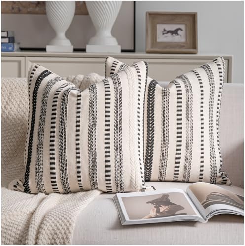 Cethom Black Boho Throw Pillow Covers 22x22 Inch Set of 2, Stripe Textured Decorative Couch Pillow Cases for Bed, Sofa, Living Room, Bedroom, Farmhouse Home Accent Cushion Covers - color: Black, size: 22" x 22" (Pack of 2)