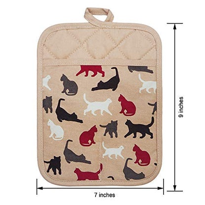 Pot Holders Set of 2,Non Slip Clear Silicone Printed Potholdes | Resistant 480 ℉,Comfortable Cotton Lining Kitchen Women Men Cooking Baking Microwave (Cat, Khaki Potholders) - color: Cat, Khaki Potholders