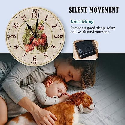 Bathroom Wall Clock Strawberry Wooden Clock Battery Operated Silent Wall Clock 15 inch Strawberry Fruit Wooden Wall Clocks for Living Room Laundry Room Rustic Clocks - color: Clock-4, size: 38cmx38cm