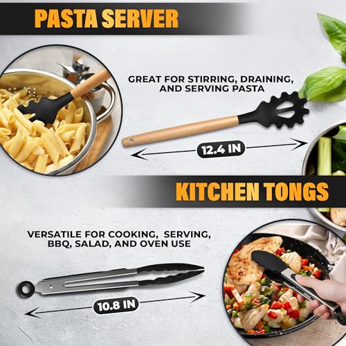 14 Pcs Black Kitchen Utensils Set with Holder for Nonstick Cookware | Silicone Cooking Utensils Set for BBQ; Heat-Resistant Tools with Wooden Handles for Baking, Serving, Frying, and Mixing - color: Classic Black