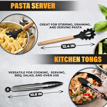 14 Pcs Black Kitchen Utensils Set with Holder for Nonstick Cookware | Silicone Cooking Utensils Set for BBQ; Heat-Resistant Tools with Wooden Handles for Baking, Serving, Frying, and Mixing - color: Classic Black