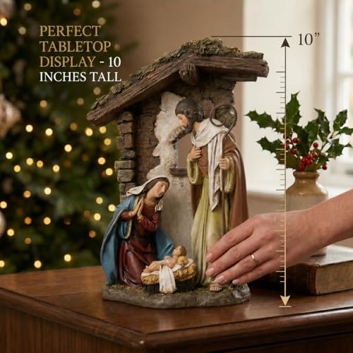 10 Inch Catholic Holy Family Statue, Nativity Scene Indoor, Joseph, Mary, & Jesus, Resin Figurine with Stable Backdrop, Hand-Painted Tabletop Decoration for Home, Traditional Christian Religious Gift