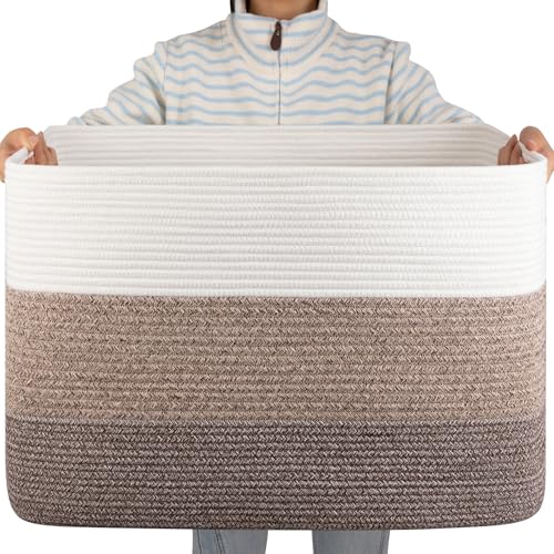 OIAHOMY Blanket Basket Laundry Basket Dog Toy Basket 108L Dark Brown | Large Storage Basket,Baby Basket,Toy Storage,Woven Rope Basket for Blankets,Blanket Storage for Living Room - color: Gradient Dark Brown, size: 25”x16”x16”