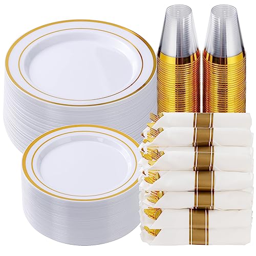 350 Piece Gold Plastic Dinnerware Set for 50 Guests | Disposable Dinnerware Includes: 50 Dinner Plates, 50 Dessert Plates, 50 Pre Rolled Napkins with Silverware, 50 Cups - color: Gold, style: 350 Piece (50 guests)