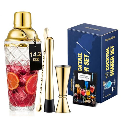 Clear Glass Cocktail Shaker Set 14.2 oz with Gold Lid | Clear glass body with gold lid, 14.2 oz size, jigger, bar spoon, built-in strainer, silicone seal for home cocktails. - color: Gold Set