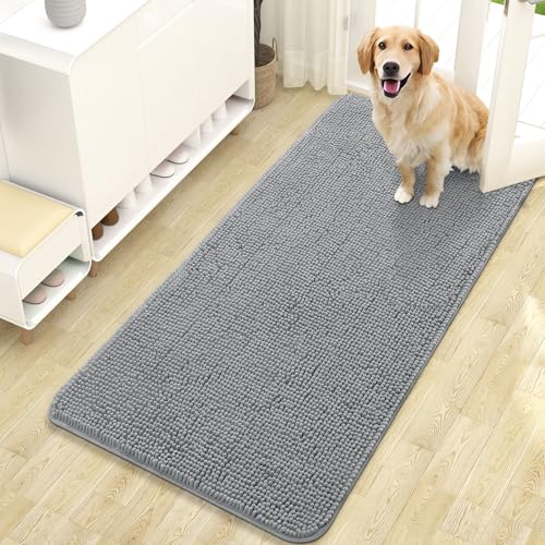 OLANLY Dog Door Mat for Muddy Paws 47x24, Super Absorbent Chenille Mud Mat | Grey, Absorbs Moisture and Dirt, Non-Slip Machine Washable Doormat, Quick-Drying Indoor Entryway Floor Carpet for Dogs - color: Grey, size: 47" X 24"