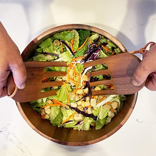 Woodard & Charles Acacia Wood 10" 3 Pc Salad Bowl w/Salad Hands, 4 Pack | 10" x 4" Wood Bowl with Matching Salad Hands Serve Salad, Fruit, Popcorn and Chips. Great for Catering, Parties and Events - size: 10" x 4" Bowl w/ Salad Hands-*Pack of 4*