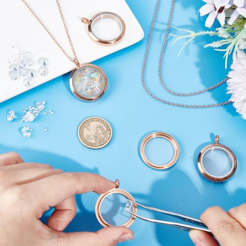 4pcs Photo Locket Charms Necklace Round Stainless Steel Locket Pendants Crystal Double-Sided Picture Frame Memory Locket Charm with 17.7inch Chain for Wedding Jewellery Making Photo - color: Rose Gold