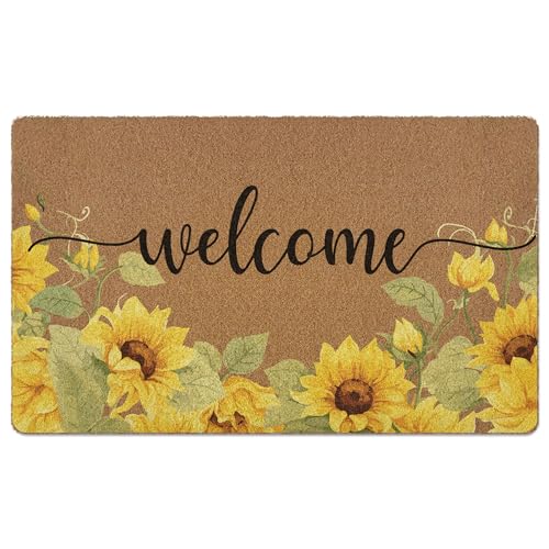 Sunflower Welcome Door Mat Doormat, Summer Floral Front Door Mat Indoor Outdoor Entrance, Farmhouse Yellow Flower Artificial Coir Doormats Rugs for Porch Entryway Decor 30x17in - color: Summer-2