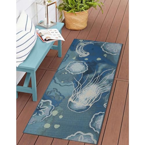 Liora Manne Esencia Machine Washable Non-Slip Low Profile Indoor/Outdoor Mat-Transitional, Coastal, Fish, Whimsical, Jelly Fish Bloom 1'11" x 4'11" - color: Jelly Fish Bloom, size: 1'11" x 4'11" (Rectangular)