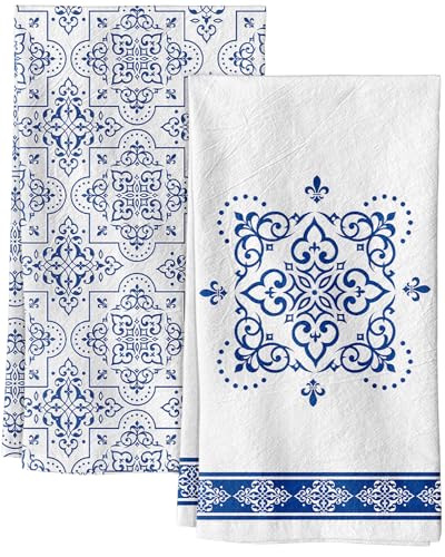 Flour Sack Kitchen Towels Set of 2, 18x26 Inch, Geometric Line | 150GSM Cotton, Lint-Free, Quick Dry, Hanging Loop, Lightweight Tea Towels, French Home Decor, Chinoiserie, Housewarming Gift - color: Geometric Line