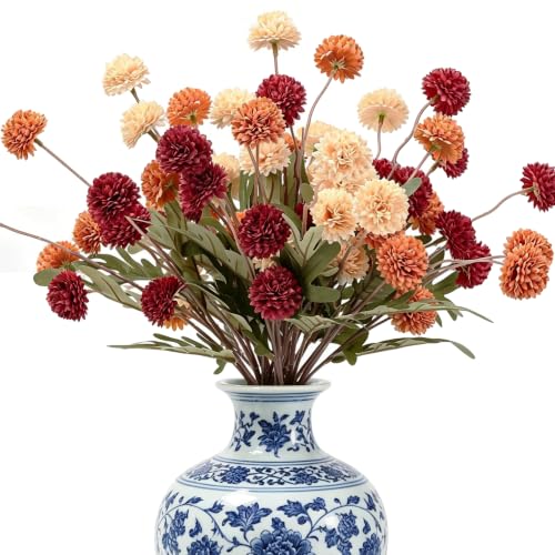 HNVNER Fall Artificial Flowers for Vase 10 Pcs, Silk Fake Pompon Mum Indoor | 20.5" Long Stem, Faux Mini Chrysanthemums, Autumn Yellow, Autumn Orange, Red, Fit Any Vase, for Farmhouse Kitchen Home Decor - color: Mixed Color