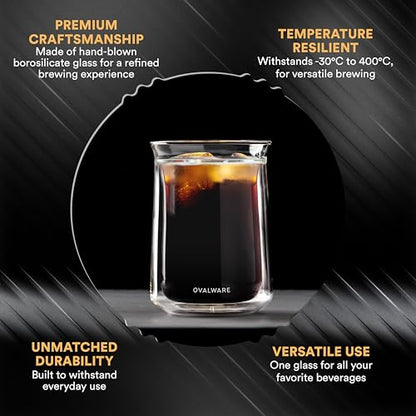 ovalware Double Wall Single Lip Insulated Glass Cup, Set of 4 (12oz / 350ml) - Borosilicate Glass For Coffee, Tea, Whiskey, Cocktails & All Beverages - Minimalistic & Durable Double-Wall Drinking Mug - size: Set of 4