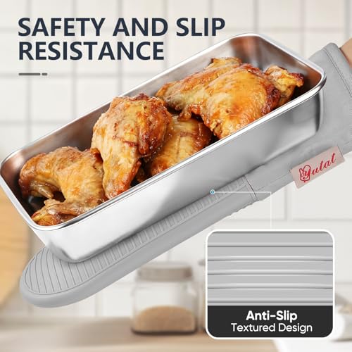 YUTAT Silicone Oven Mitts,High Heat Resistant Up to 500 Degrees,Waterproof Cooking Gloves with Soft Polyester Filling,Kitchen Potholder Set - Perfect for BBQ,Baking and Cooking,Grey,2 Pcs Set - color: Gray-striped Surface, size: 13“L x 7"W-2 Piece