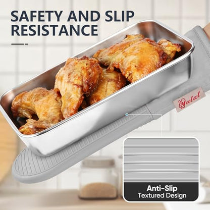 YUTAT Silicone Oven Mitts,High Heat Resistant Up to 500 Degrees,Waterproof Cooking Gloves with Soft Polyester Filling,Kitchen Potholder Set - Perfect for BBQ,Baking and Cooking,Grey,2 Pcs Set - color: Gray-striped Surface, size: 13“L x 7"W-2 Piece