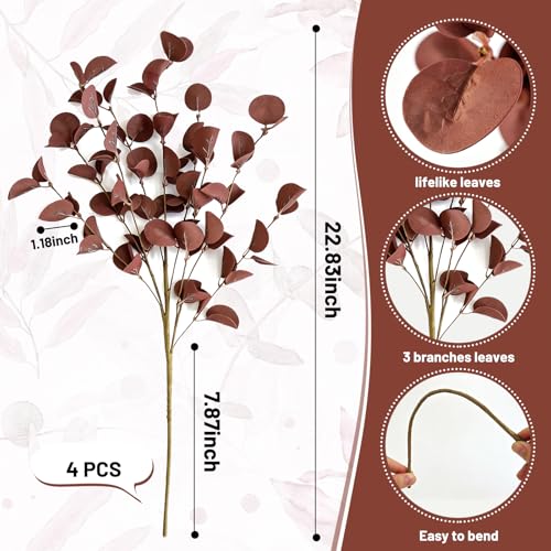 4PCS 22.2Inch Faux Eucalyptus Stems Plant leaves for Vase(Wine Red) | soft thin-styrofoam nice-touch natural look easy to adjust suitable for various vases without any maintenance - color: Deep Wine Red