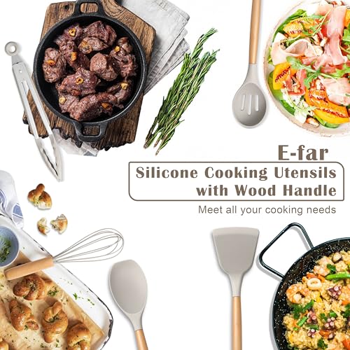 E-far Silicone Cooking Utensils Set, 10-Piece Heat Resistant Kitchen Utensils Set with Wooden Handle for Nonstick Cookware, Kitchen Nonstick Tools Spatula Whisk Tongs Ladle, Non-toxic & Healthy(Khaki) - color: Khaki, size: 10