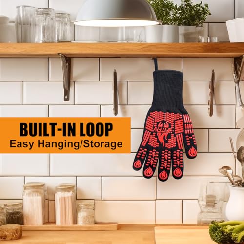 BBQ Gloves, 1472°F Heat Resistant with Silicone Grip Oven Mitts | Non-Slip Grip, for BBQ, Grilling, Oven, Smoker, Cooking and Baking - color: Red, size: Long (Glove L 13.78" × Palm W 6.33")