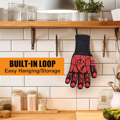BBQ Gloves, 1472°F Heat Resistant with Silicone Grip Oven Mitts | Non-Slip Grip, for BBQ, Grilling, Oven, Smoker, Cooking and Baking - color: Red, size: Long (Glove L 13.78" × Palm W 6.33")
