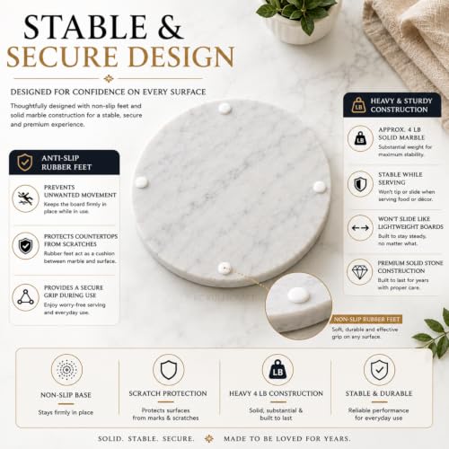 11-Inch Round Marble Cheese Cutting Board, White | Solid Natural Stone, Cutting Board & Charcuterie Serving Tray, Non-Slip Feet, 0.5" Thick, Easy to Clean - color: White, size: 11"L x 11"W
