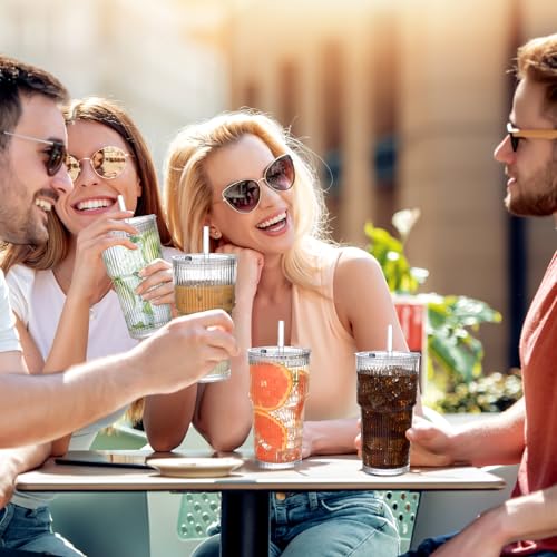 20oz Ribbed Glass Cups with Lids and Straws,2PCS Glass Tumbler with Straw and Lid,Iced Coffee Cups Drinking Glasses for Juice Whiskey Cocktail Beer