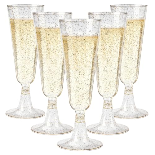 GuanQiao 40 Pack Plastic Champagne Flutes, 5.5 OZ Disposable Plastic Champagne Glasses with Gold Glitter, Wine Glasses Cups for Wedding Celebration Party Wine Tasting New Years Eve Supplies - color: Gold Glitter, size: 40-pack