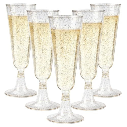 GuanQiao 40 Pack Plastic Champagne Flutes, 5.5 OZ Disposable Plastic Champagne Glasses with Gold Glitter, Wine Glasses Cups for Wedding Celebration Party Wine Tasting New Years Eve Supplies - color: Gold Glitter, size: 40-pack