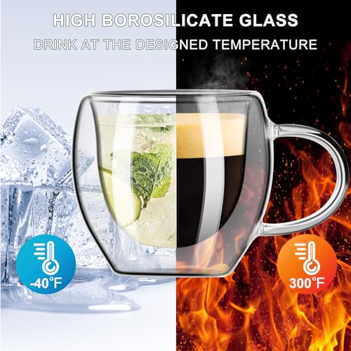 PARACITY Double Wall Glass Espresso Cups, 2.7 oz Expresso Shots, Set of 2 | Transparent borosilicate cups with handles are great espresso accessories for espresso, cappuccino, latte and cold drinks. - size: 2.7 Ounces