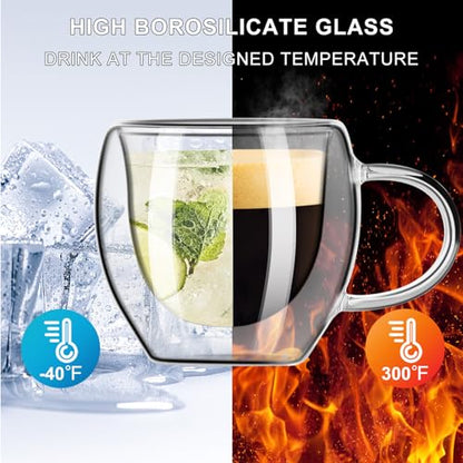 PARACITY Double Wall Glass Espresso Cups, 2.7 oz Expresso Shots, Set of 2 | Transparent borosilicate cups with handles are great espresso accessories for espresso, cappuccino, latte and cold drinks. - size: 2.7 Ounces