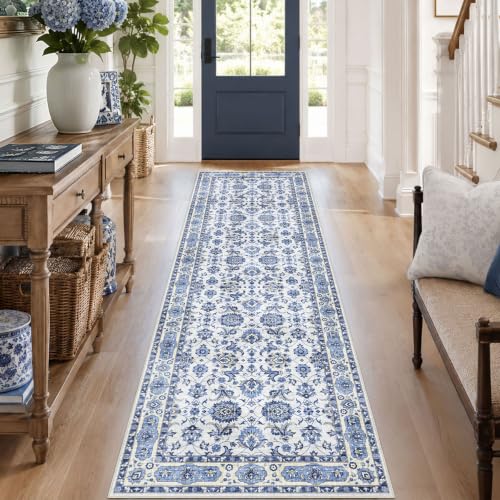 BLISSA Hallway Runner Rug Non-Slip 2.5x8ft Washable Delft Blue Kitchen Rug | Ultra-Thin Boho Soft Vintage Oriental Floral Distressed Low-Pile Long Carpet for Entryway Laundry Room Bedroom - color: Delft Blue, size: 2'6" x 8' (Rectangular)