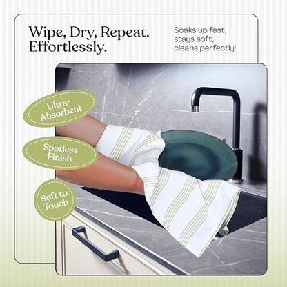 Lemon Green Stripe Kitchen Towels (5 Pack), 100% Cotton, Multi Pin Striped, Super Absorbent & Durable Dish Cloths, Quick Dry Towel Set for Drying Dishes, Everyday Kitchen Cleaning - color: Lemon Green, style: 5 Pack