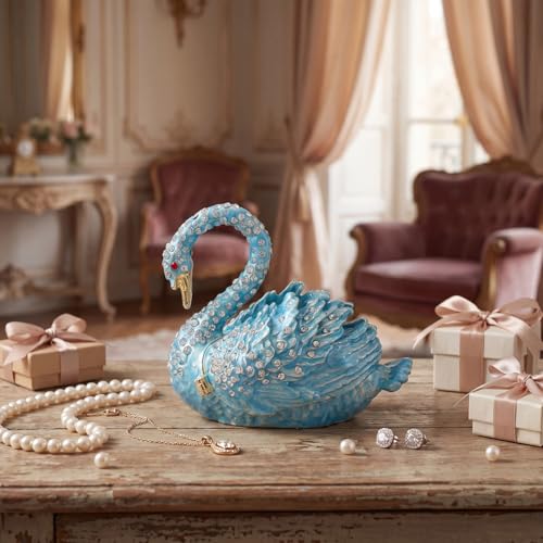 Skyblue Swan Trinket Boxes Hinged Enamel Small Jewelry Box Hand-Painted Collectible Swan Figurines Craft Gift for Women - color: Skyblue