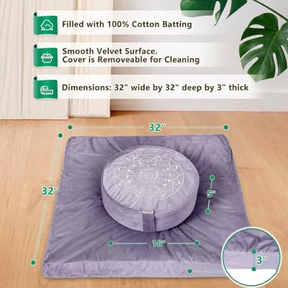 Hihealer Meditation Cushion, Traditional Tibetan Meditation Pillow Velvet Cover - Large Floor Cushion Seating for Adults - Yoga Buckwheat Bolster for Women、Moms - color: Romantic Purple(set)