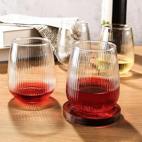 UMEIED Stemless Wine Glasses Set of 12, 17 oz Red White Wine Glasses | Clear Glassware Set for Red/White Wine Dishwasher Safe, Ideal for Daily Use Home Bar Birthdays Housewarming (Strip Texture) - color: Strip Texture