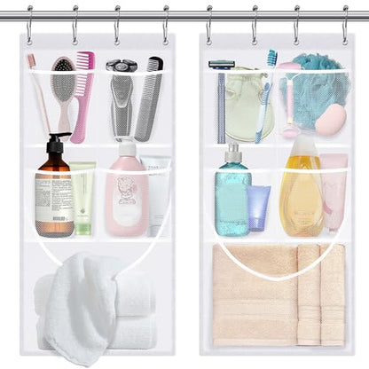 2PCS Mesh Shower Organizer Hanging,Shower Curtain Liner Pockets Hanging with Pockets Quick Dry Cruise RV Camper Bathroom Organizer with Shower Curtain Hooks - size: 2 Pack | White