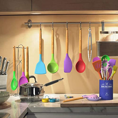 Umite Chef Kitchen Cooking Utensils Set, 33 pcs Non-stick Silicone Cooking Kitchen Utensils Spatula Set with Holder, Wooden Handle Silicone Kitchen Gadgets Utensil Set (Colorful) - color: Colorful