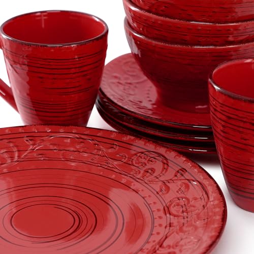 Elama Malibu Ocean Bloom 16-Piece Stoneware Embossed Pattern Reactive Glaze Red Dinnerware Set, Tableware, Serveware Set (Ocean Bloom Red) - color: Ocean Bloom Red